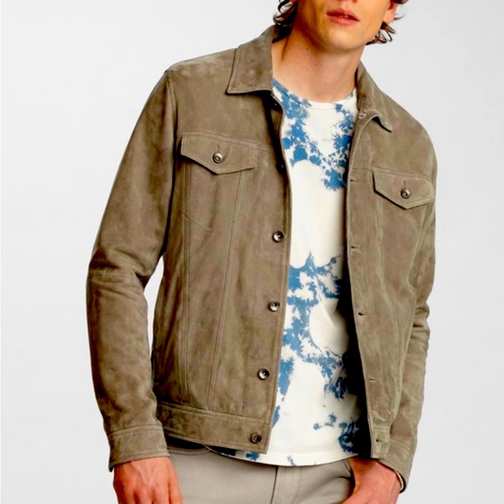 John Varvatos suede mens trucker jacket pebble grey never worn size XL